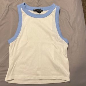 white crop top with blue trim
